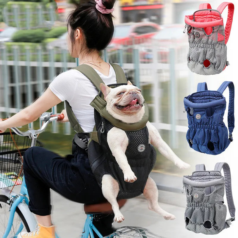 Woman riding a bike with a dog in a backpack, surrounded by various dog backpacks.