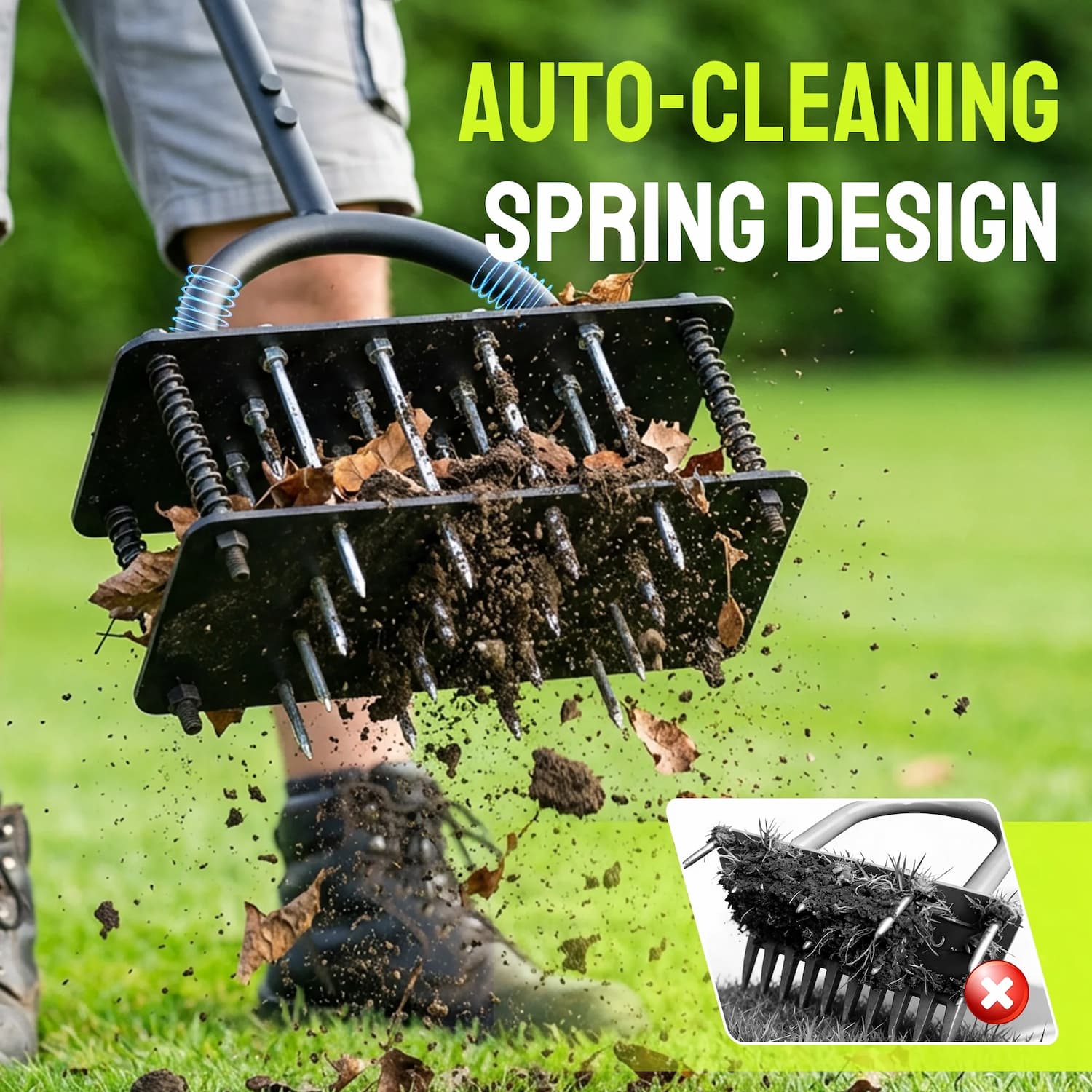 Garden aeration tool with auto-cleaning design on a grassy background