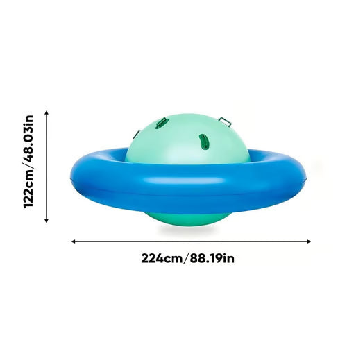 Inflatable ring with a ball inside, showing dimensions on a white background