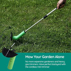 Green cordless mini trimmer being used on grass with promotional text.