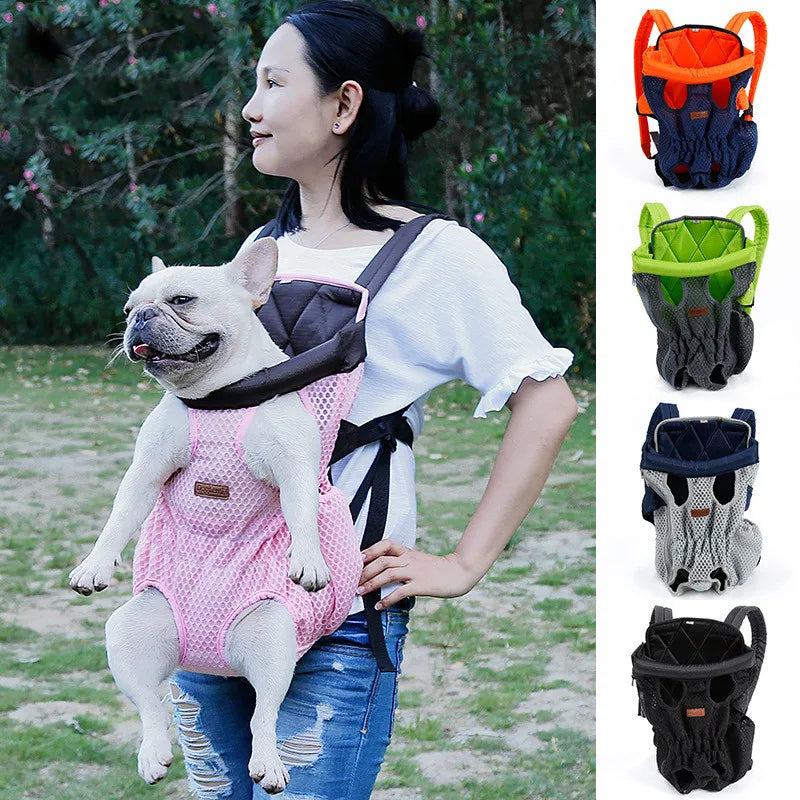 Woman holding a dog in a pink pet carrier with additional pet carriers shown on the right.