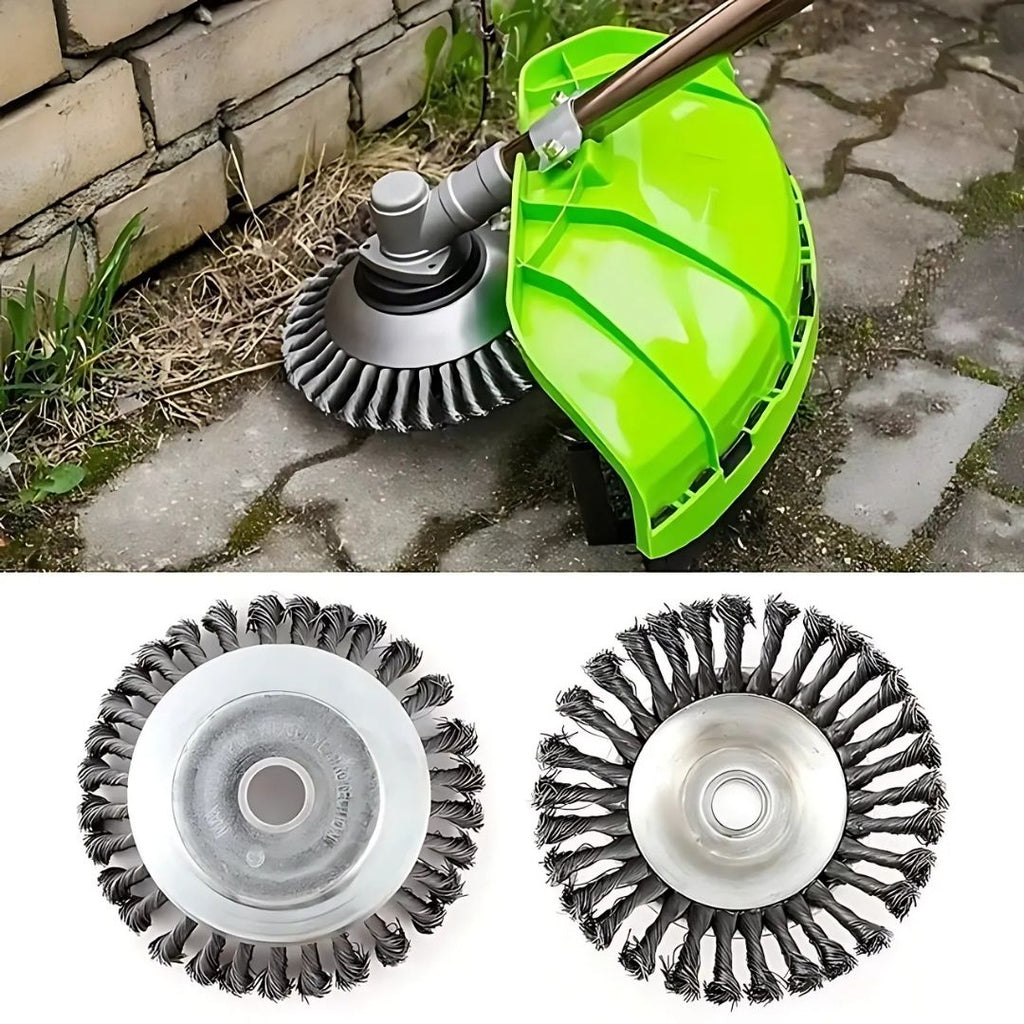 Cleaning tool with green dust collector attachment on a stone surface, showing close-up of brush heads.