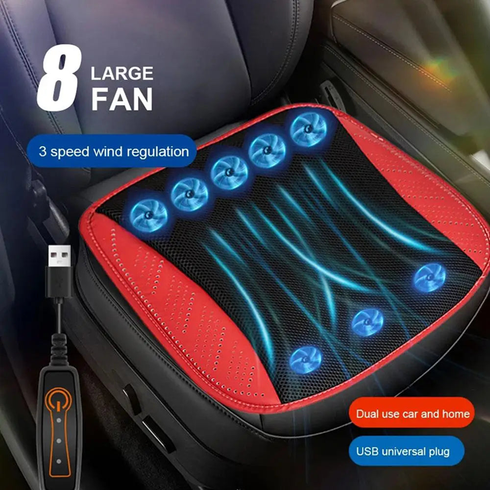 Car seat massager with fans and USB cable on a car seat