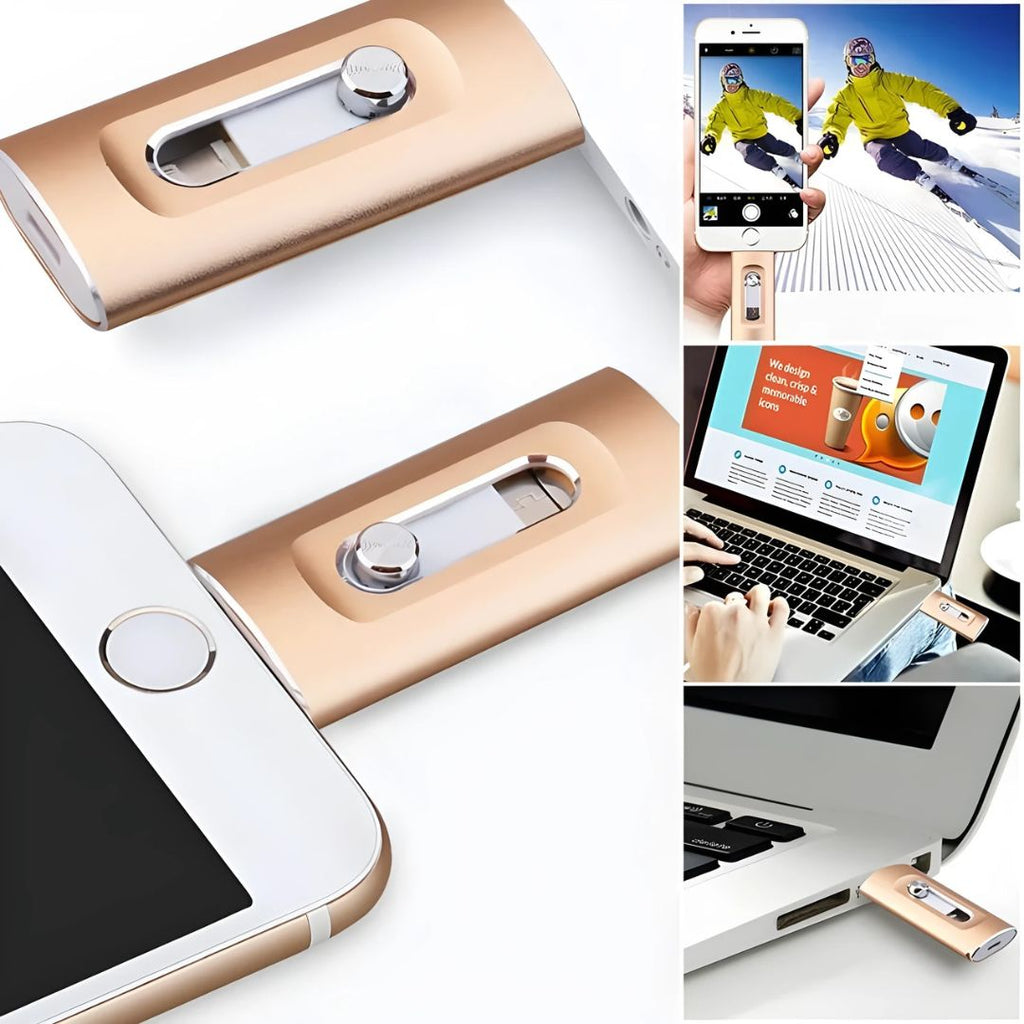 Collage of a gold USB drive with smartphone, laptop, and people using devices.