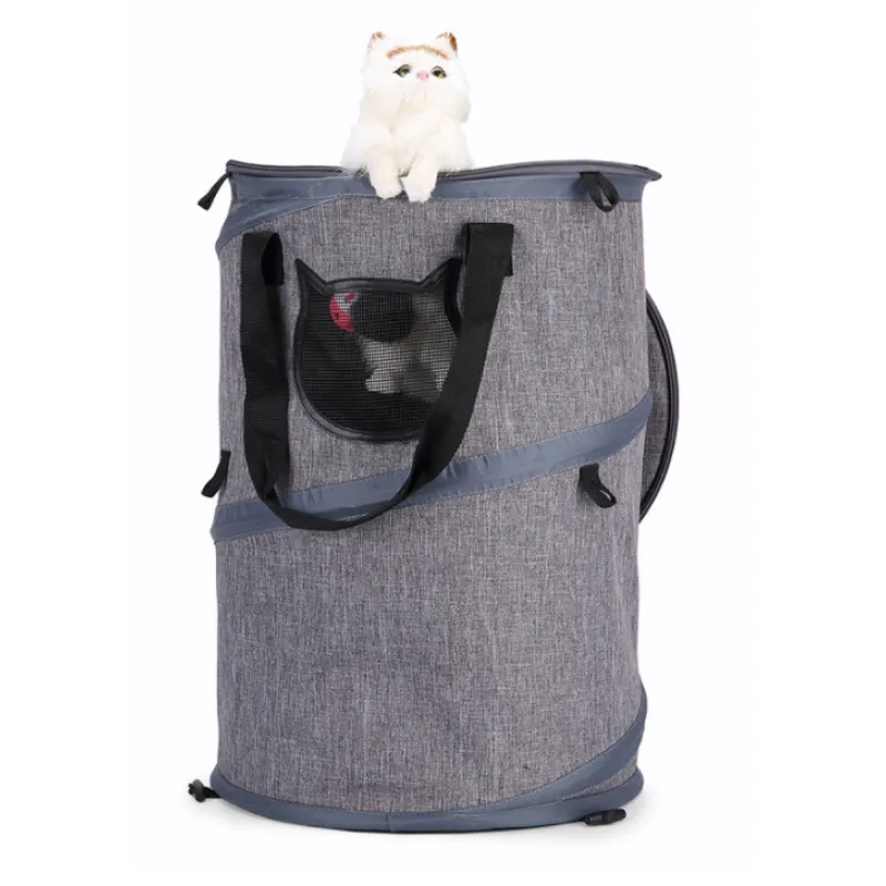 Gray pet carrier with a black dog and white cat inside on a white background