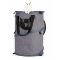 Gray pet carrier with a black dog and white cat inside on a white background