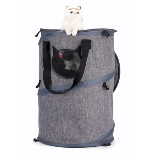 Gray pet carrier with a black dog and white cat inside on a white background
