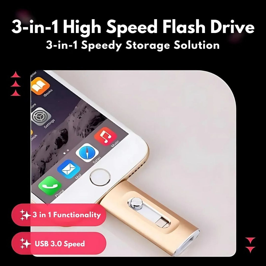 3-in-1 high-speed flash drive with smartphone and app icons on a light gray background