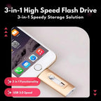 3-in-1 high-speed flash drive with smartphone and app icons on a light gray background