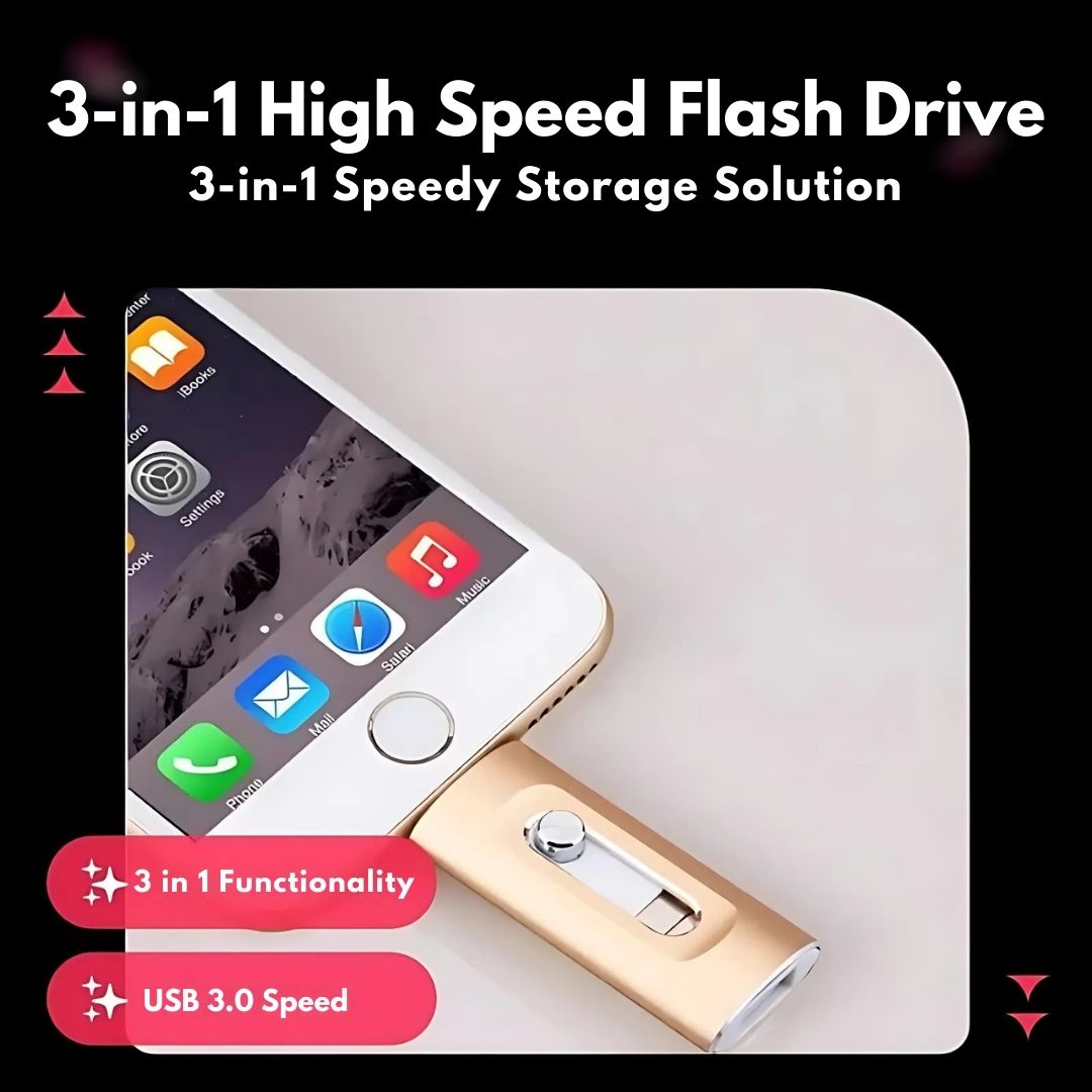 3-in-1 high-speed flash drive with smartphone and app icons on a light gray background