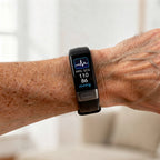 Smartwatch on a wrist displaying health metrics with a blurred background
