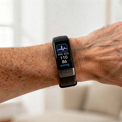 Smartwatch on a wrist displaying health metrics with a blurred background