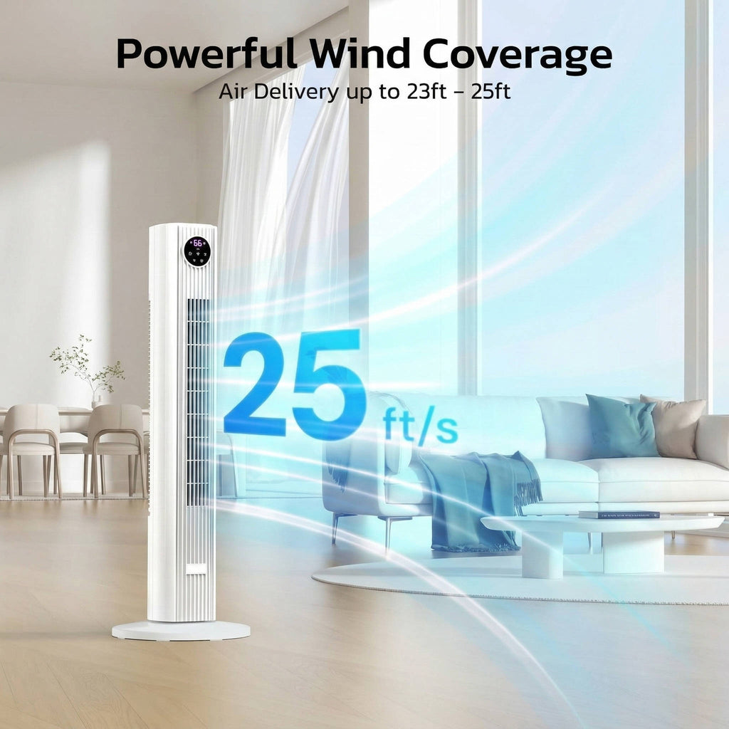 Air conditioner with powerful wind coverage feature in a living room setting