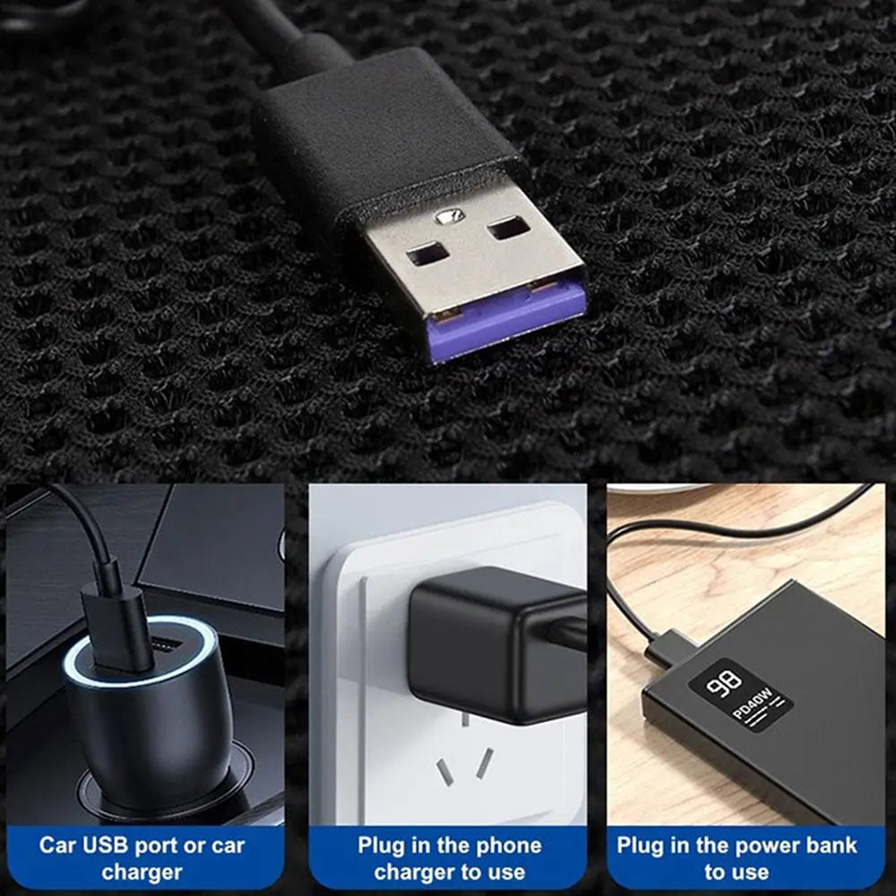 Collage of USB cable and charging devices on a textured black background