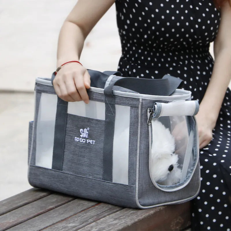 Person holding a pet carrier with a small white dog inside, on a wooden surface.