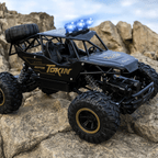 Black toy off-road vehicle with large wheels on rocky terrain, featuring the brand 'Tokin'.