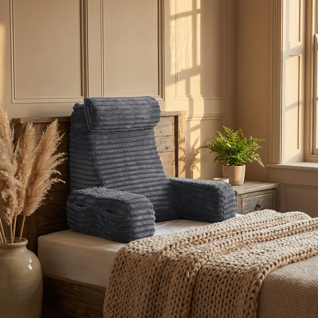Blue textured chair in a cozy room with a blanket and plant