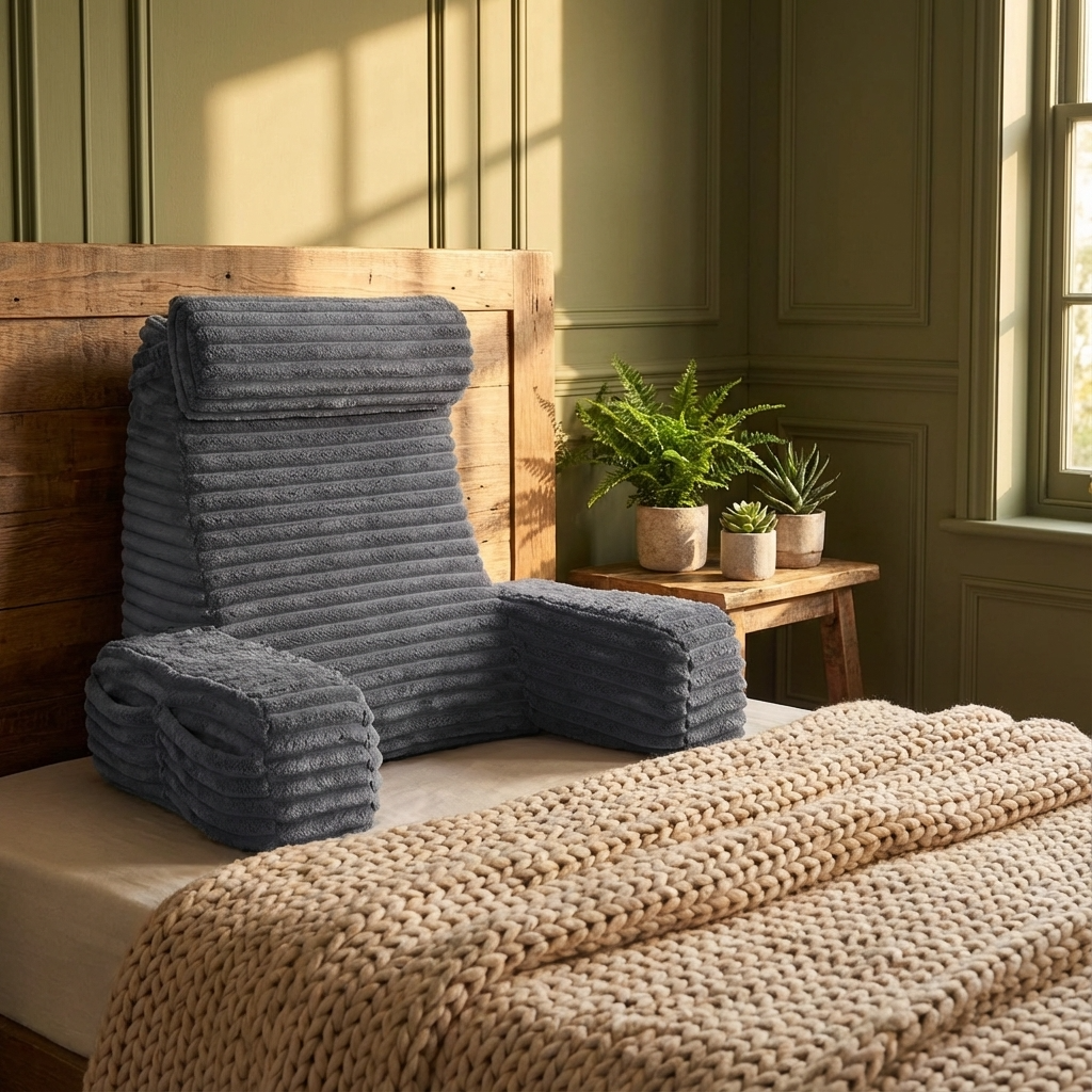 Gray wedge chair on a bed with a beige blanket and plants in the background