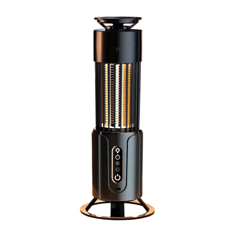 Black and gold tower heater on a white background