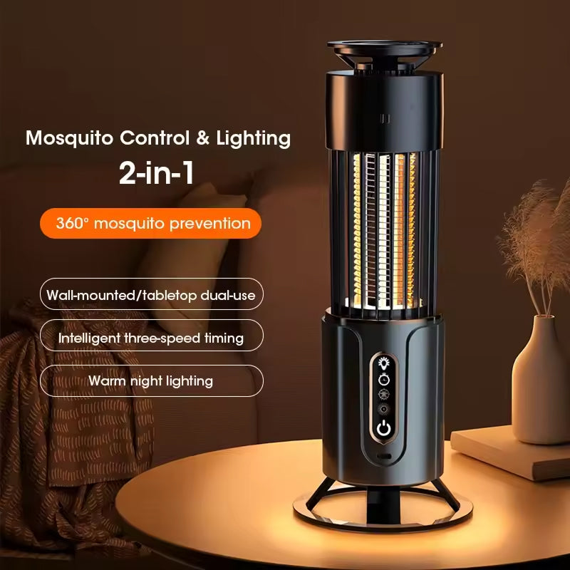 Mosquito control and lighting device on a table with text highlighting features.