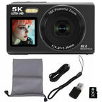 Digital camera with screen displaying a person's face, surrounded by accessories on a white background.