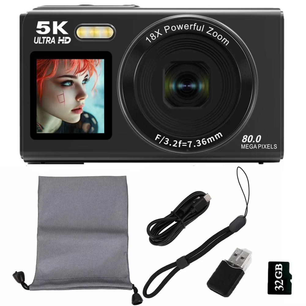 Digital camera with screen displaying a person's face, surrounded by accessories on a white background.