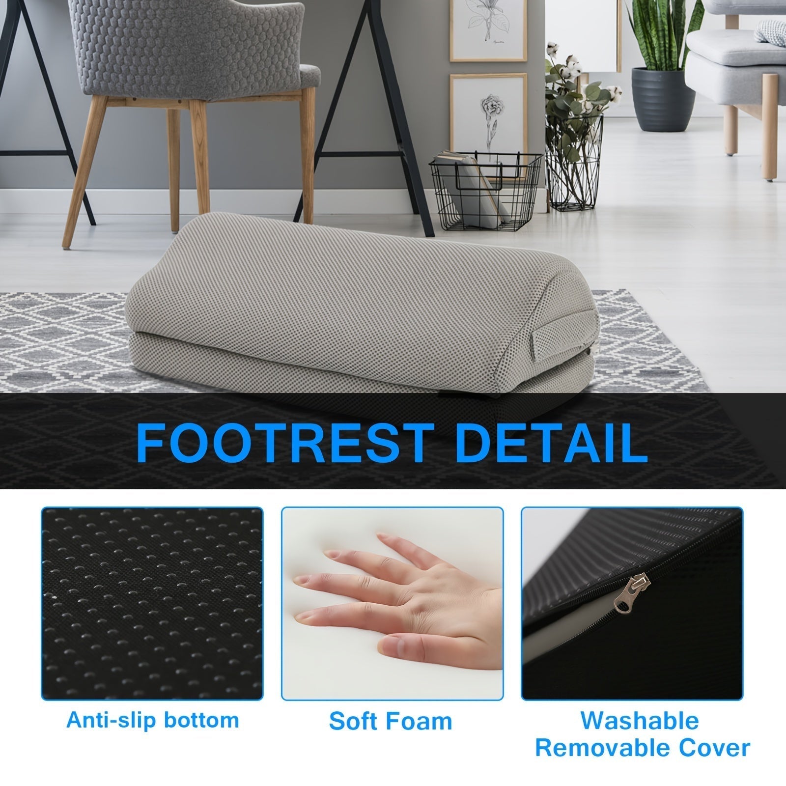 Gray footrest with anti-slip bottom, soft foam, and washable cover in a living room setting.