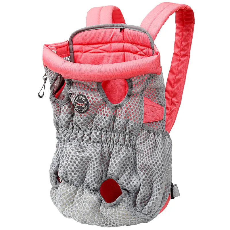 Gray and pink baby carrier backpack on a white background