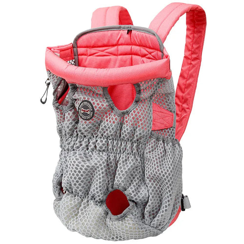 Gray and pink baby carrier backpack on a white background