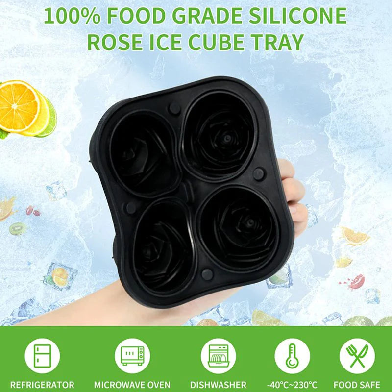 Black rose-shaped silicone ice cube tray held by a hand with ice cubes and fruits in the background.