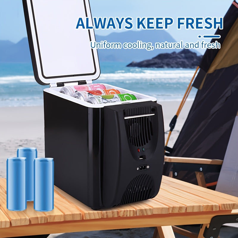 Portable cooler with food items on a beach setting, featuring the text 'Always Keep Fresh'.