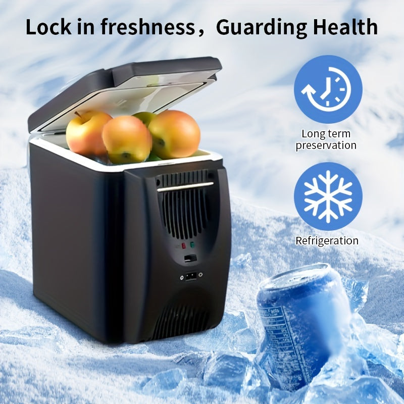 Portable refrigerator with apples on a snowy background, emphasizing long-term preservation and refrigeration.