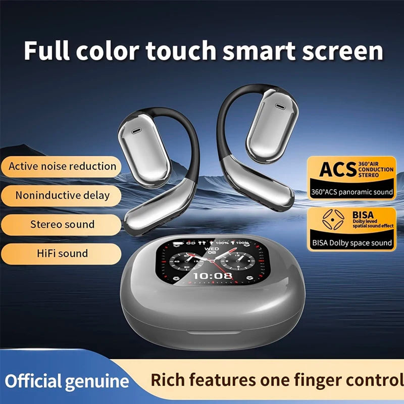 Wireless earbuds with a smartwatch and features listed on a blue gradient background