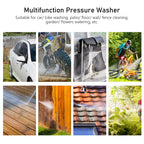 Multifunction pressure washer with various uses including car washing, bike cleaning, and garden watering.