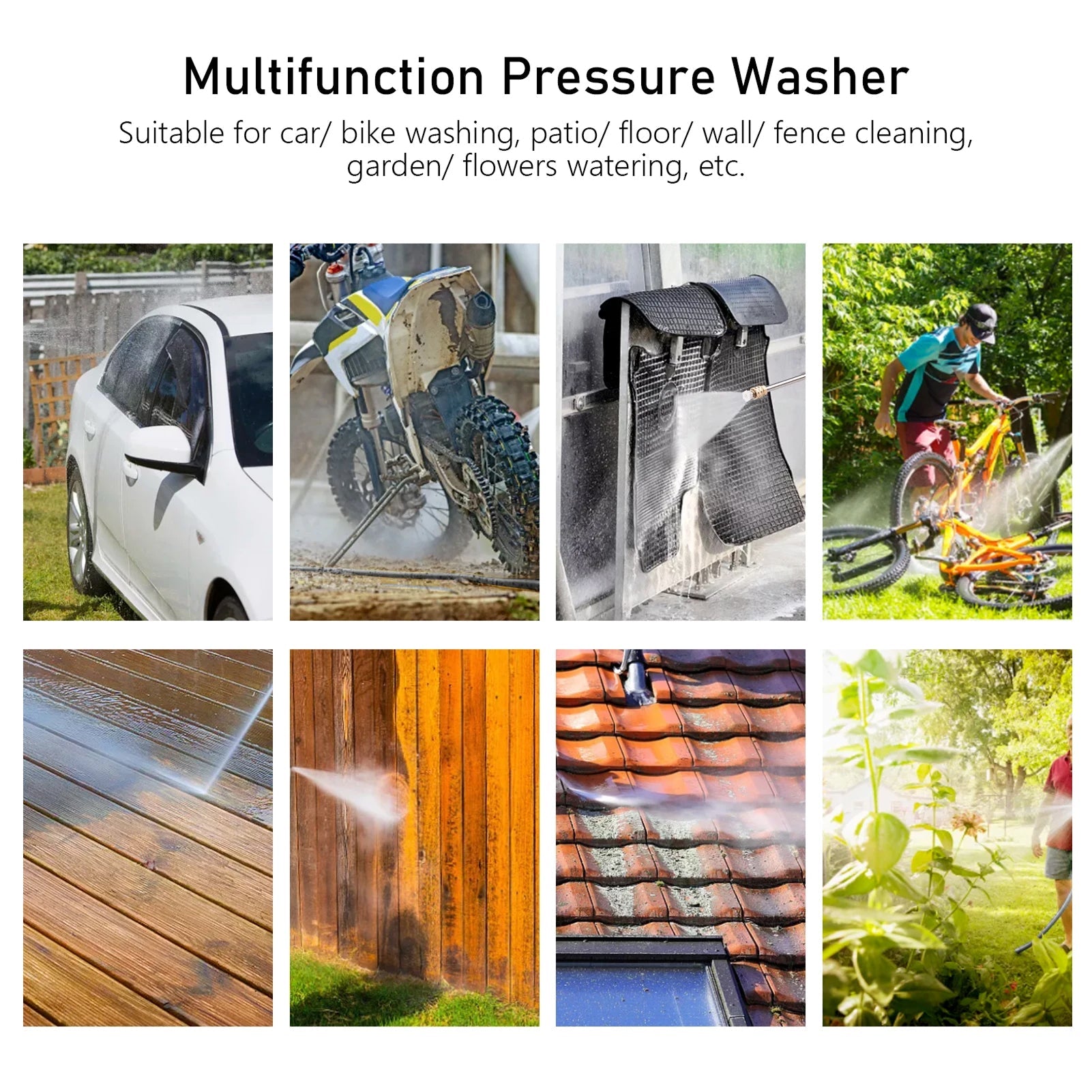 Multifunction pressure washer with various uses including car washing, bike cleaning, and garden watering.