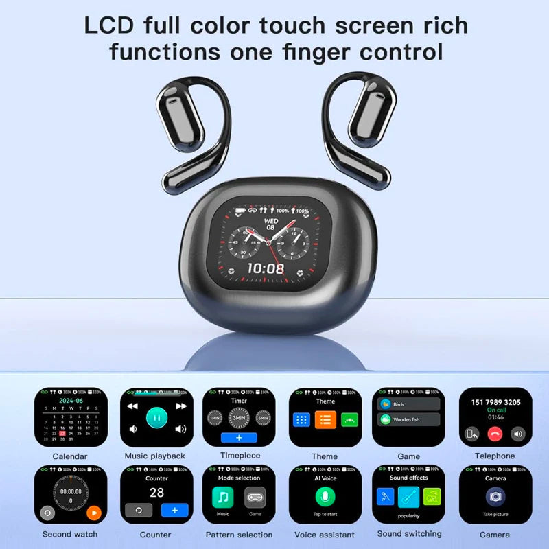 Smartwatch with touch screen and control options on a light blue background