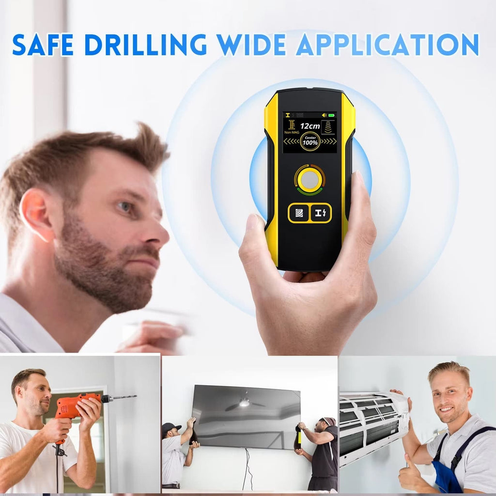Hand holding a drilling machine with text 'Safe Drilling Wide Application' on a white background