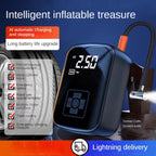 Digital air pump with tire and car jack on a blue background, featuring text about its features and benefits.