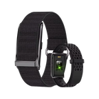 Black smartwatch with a textured band on a white background