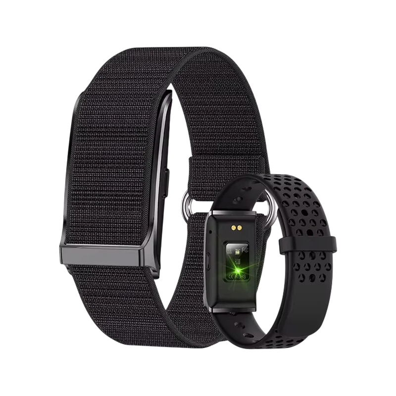 Black smartwatch with a textured band on a white background