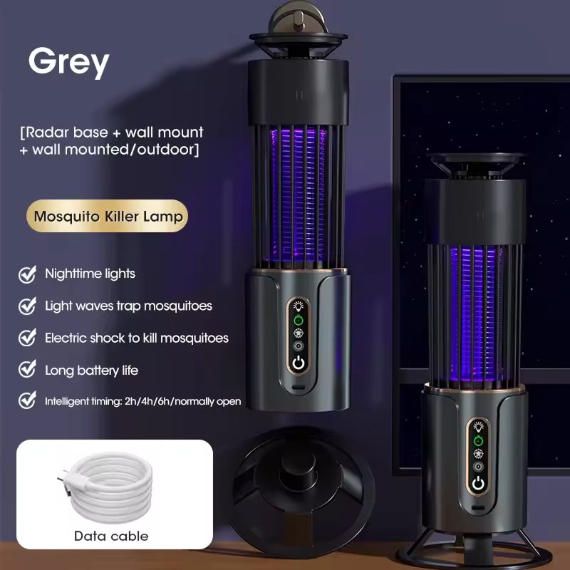 Mosquito killer lamp with features listed on a dark background