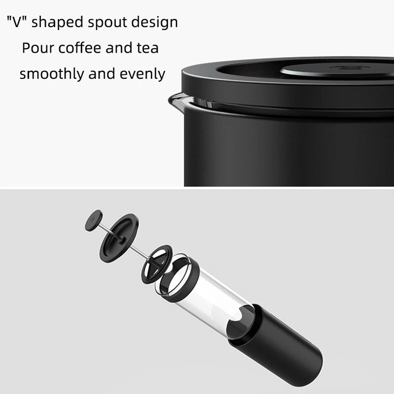 Black coffee maker with 'V' shaped spout design on a white background