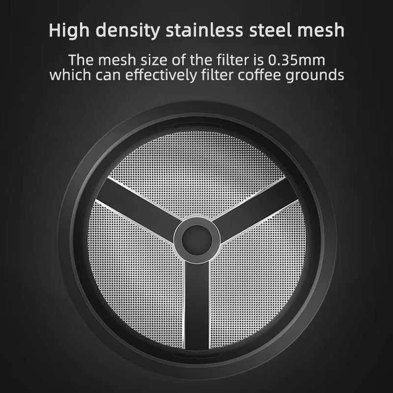 High density stainless steel mesh filter with text on a dark background