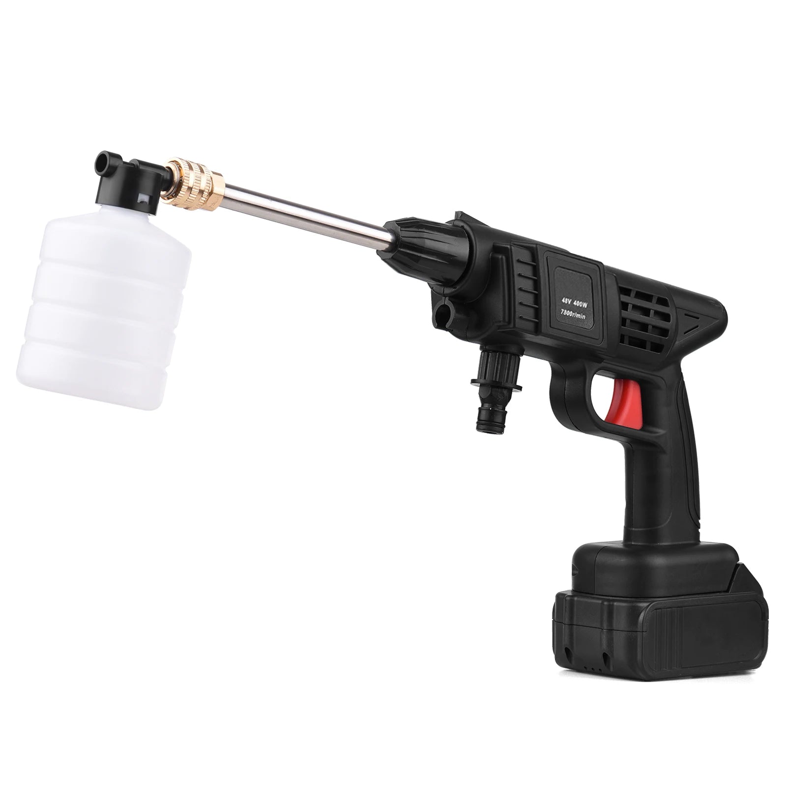 Black pressure washer gun with white nozzle on a white background