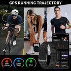 Collage of people exercising with a fitness tracker and app on a smartphone, highlighting GPS running trajectory.