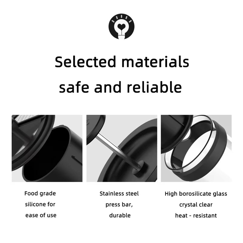 Product features with materials listed and a brand logo on a white background