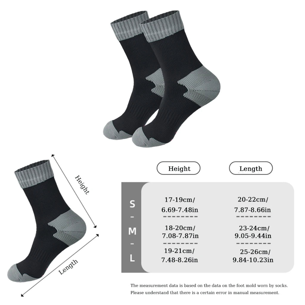 Black socks with gray accents and a size chart on a white background