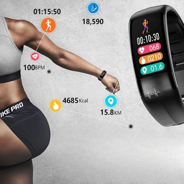 Person wearing a fitness tracker with fitness data on a gray background