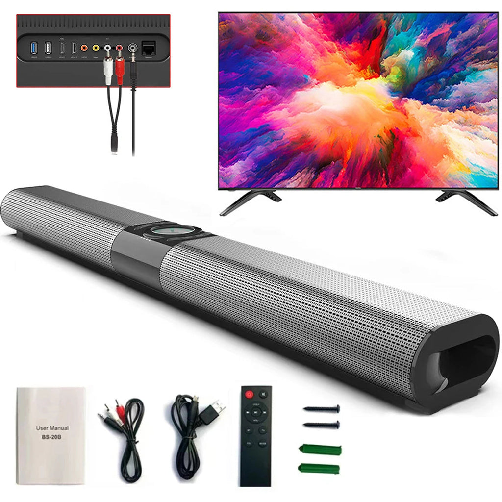 TV soundbar with TV, cables, remote control, and user manual on a white background
