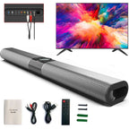 TV soundbar with TV, cables, remote control, and user manual on a white background